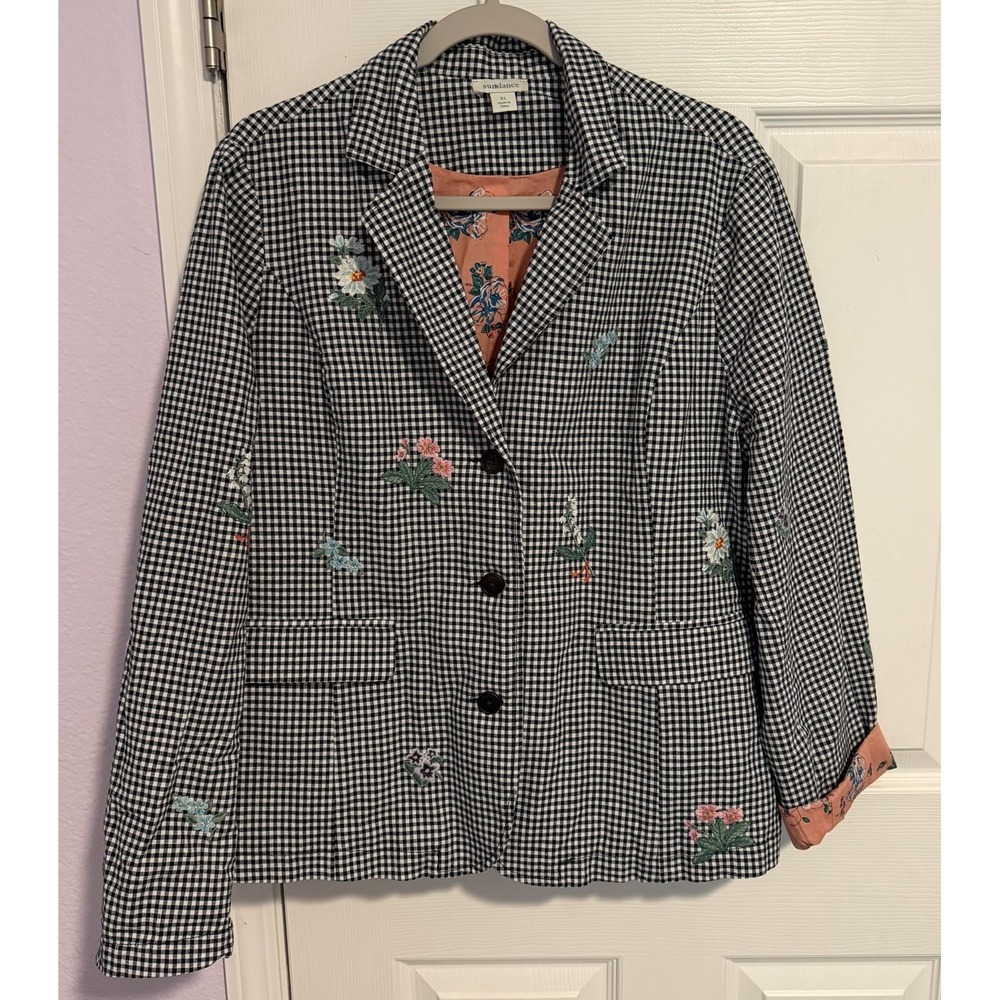 Sundance Blazer Jacket XL Floral Embroidered Navy Gingham Linen Blend Lined Prep